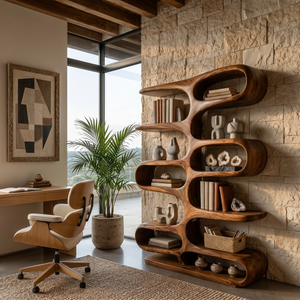 Contemporary Wooden Bookshelf With Sculptural Form For Living Room