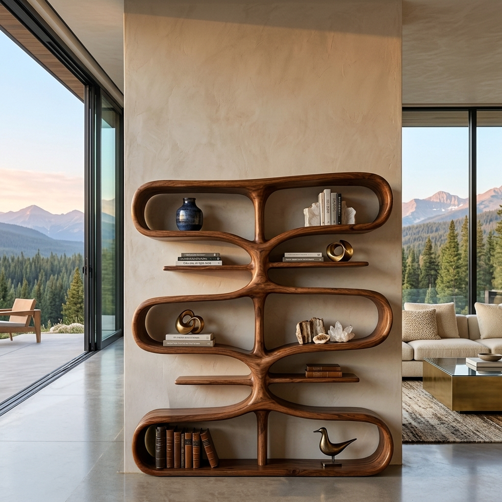 Organic Wooden Bookshelf With Storage Function For Living Furniture