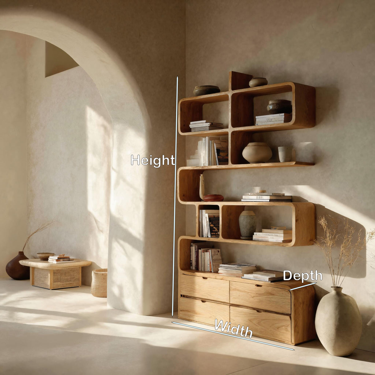 Minimalist Bookshelf With Curved Lines And Storage For Living