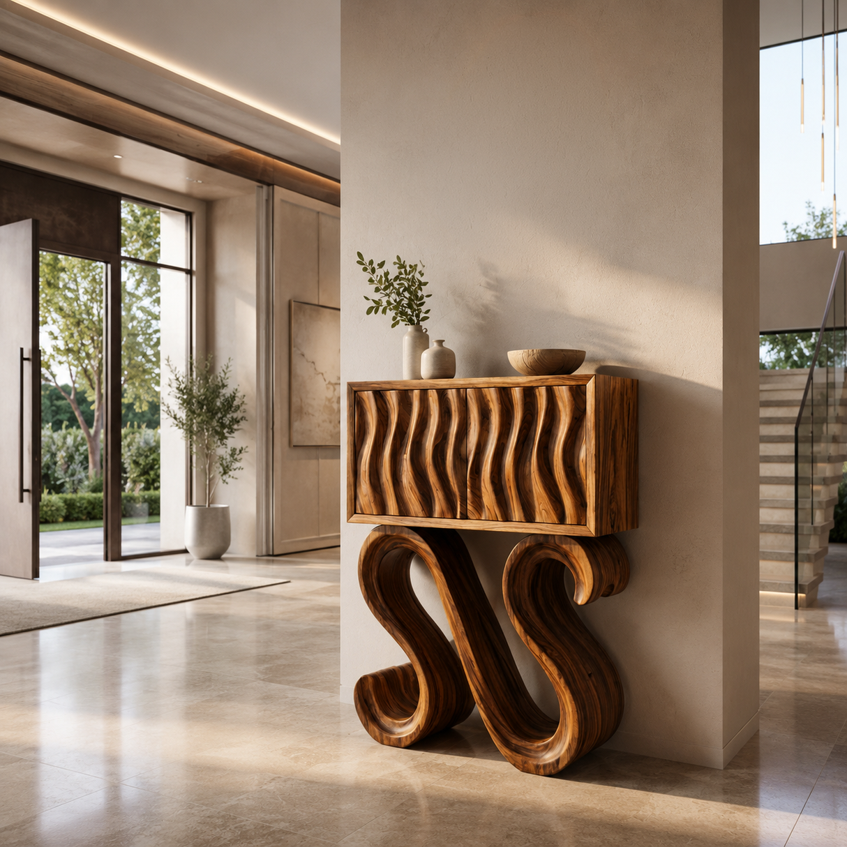 Contemporary Wood Console Table With Sculptural Undulating Legs For Home