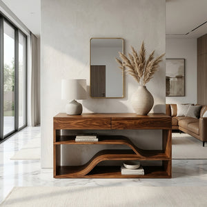 Organic Wooden Console Table With Connecting Shelving Units For Entryway