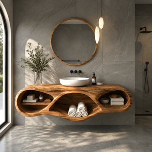 Organic Bathroom Vanity With Oval Open Shelves For Spa Bathroom