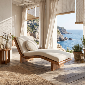 Minimalist Walnut Chaise Lounge Serene Coastal Retreat Living Space