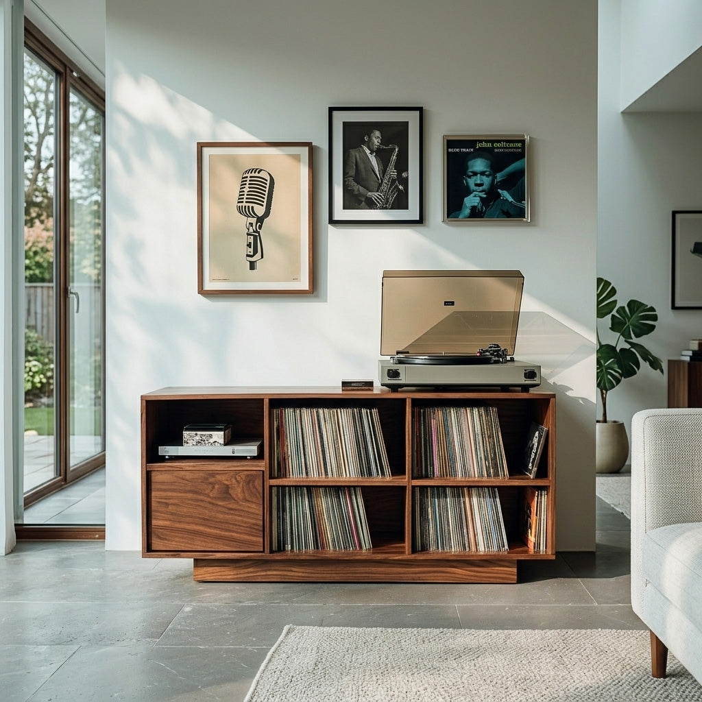 Elegant Vinyl Record Cabinet With Open Compartments For Living Room