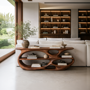 Modern Wooden Console Table With Organic Open Shelves For Entryway
