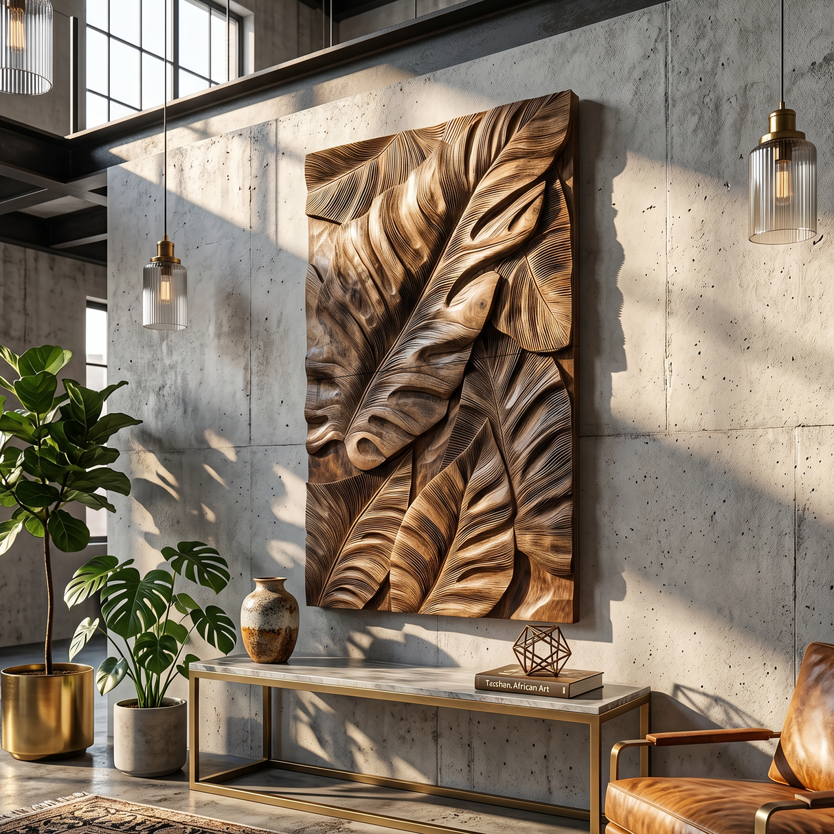 Industrial Wall Art With Leaf Relief Design For Entryway