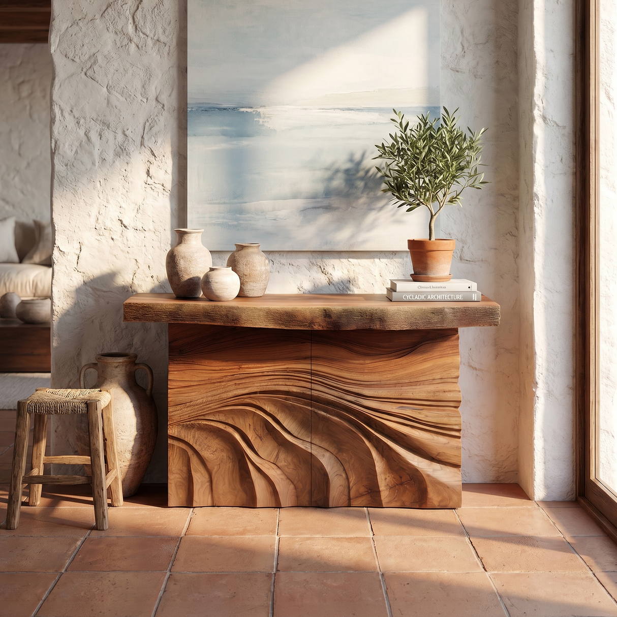 Mid Century Carved Entry Table For Luxury Interior Space