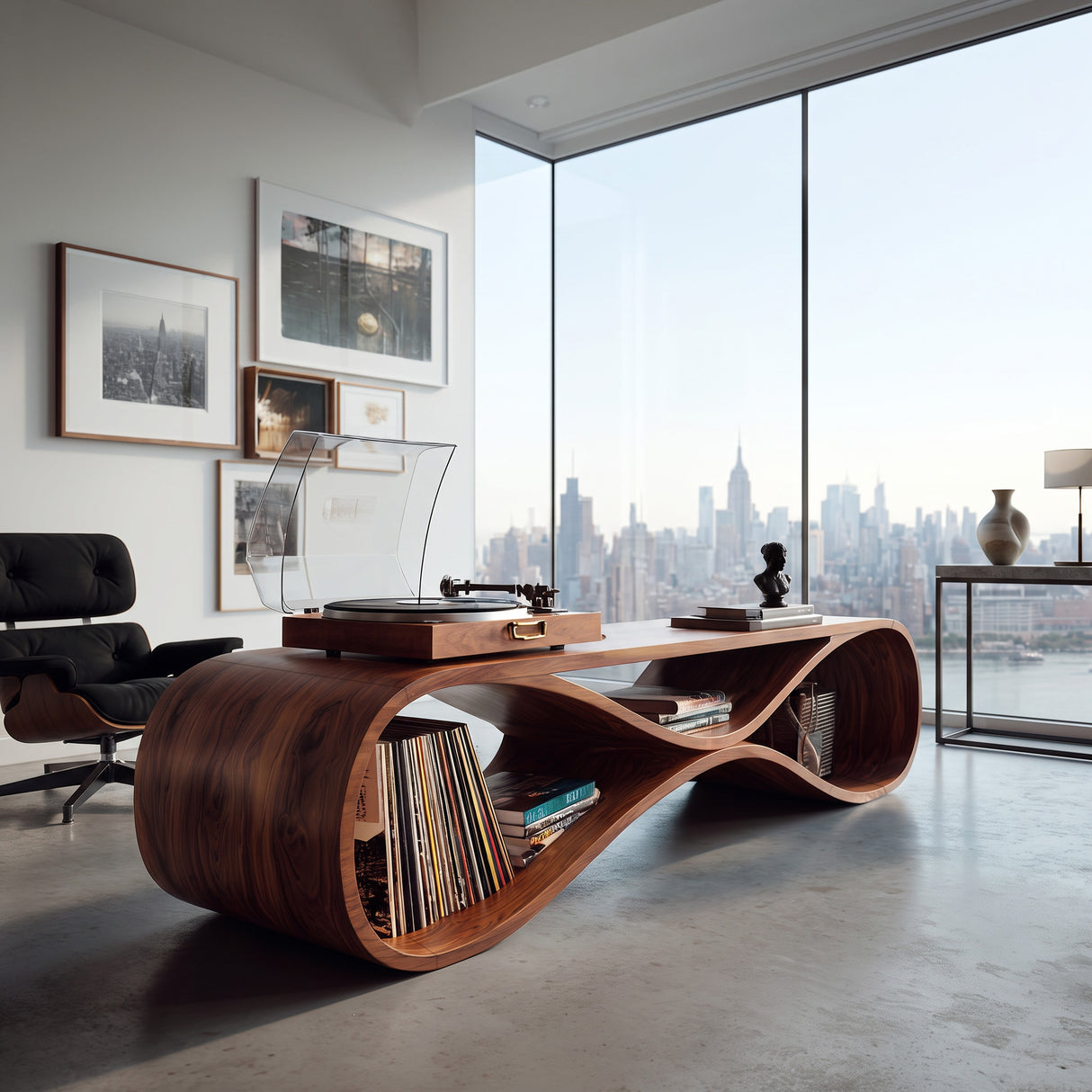 Contemporary Wooden Record Cabinet Curved Design For Living Room