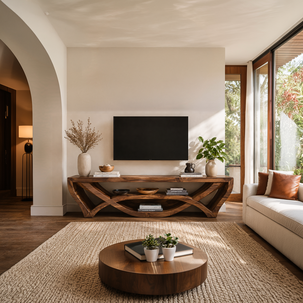 Wooden TV Stand With Carved Open Structure For Living Storage