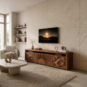 Luxury TV Stand With Sun And Ocean Carved Doors For Living