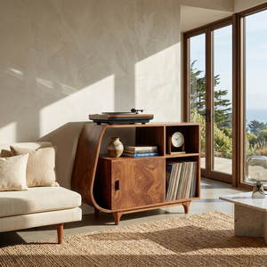 Modern Sculptural Wooden Stand Record Cabinet For Living Room