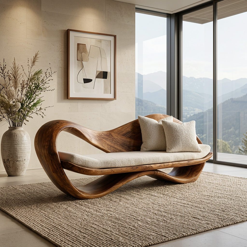 Modern Wooden Sofa With Sculptural Frame For Home Living