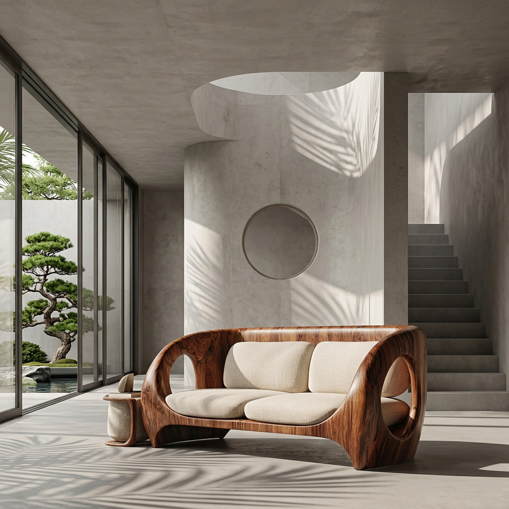 Elegant Sculptural Wooden Sofa For Quiet Luxury Interior