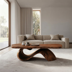 Organic Wooden Coffee Table With Sculptural Base For Living Room