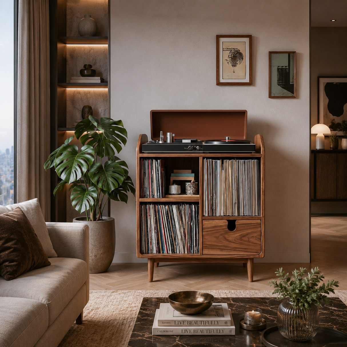 Modern Wooden Record Player Stand With Multi Compartments For Interior