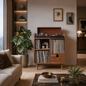 Modern Wooden Record Player Stand With Multi Compartments For Interior