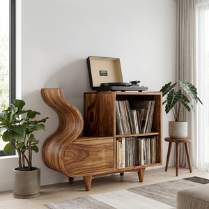 Rustic Wooden Vinyl Record Cabinet Carved Flowing Design For Living
