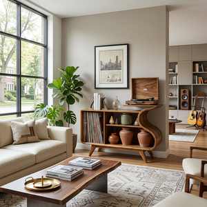 Wooden Record Player Cabinet With Integrated Shelving For Living Room