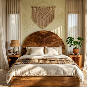 Boho Arch Wood Headboard For Neutral Earth Tone Bedroom