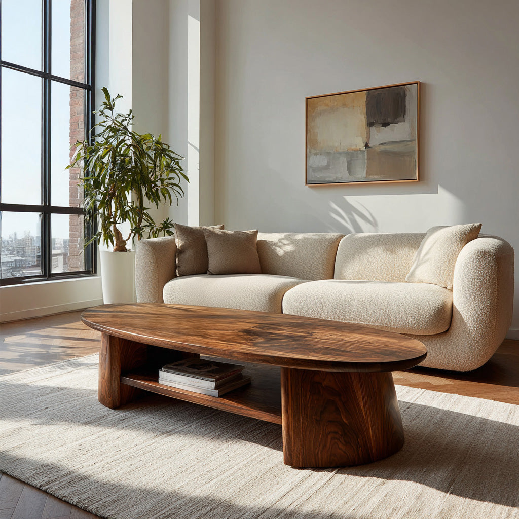 Handcrafted Oval Coffee Table With Open Storage For Home Decor