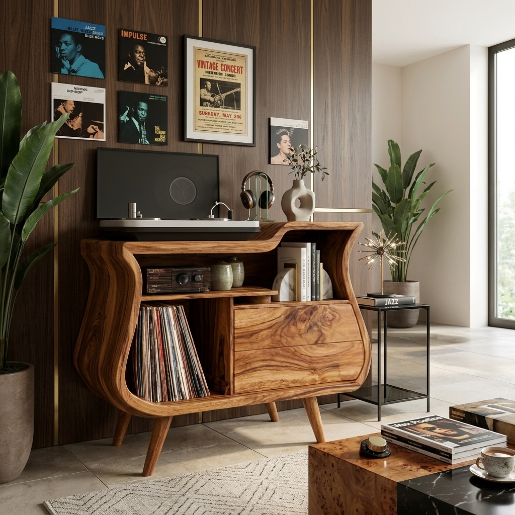 Rustic Wooden Record Storage Cabinet With Drawers For Living Room