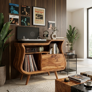 Rustic Wooden Record Storage Cabinet With Drawers For Living Room