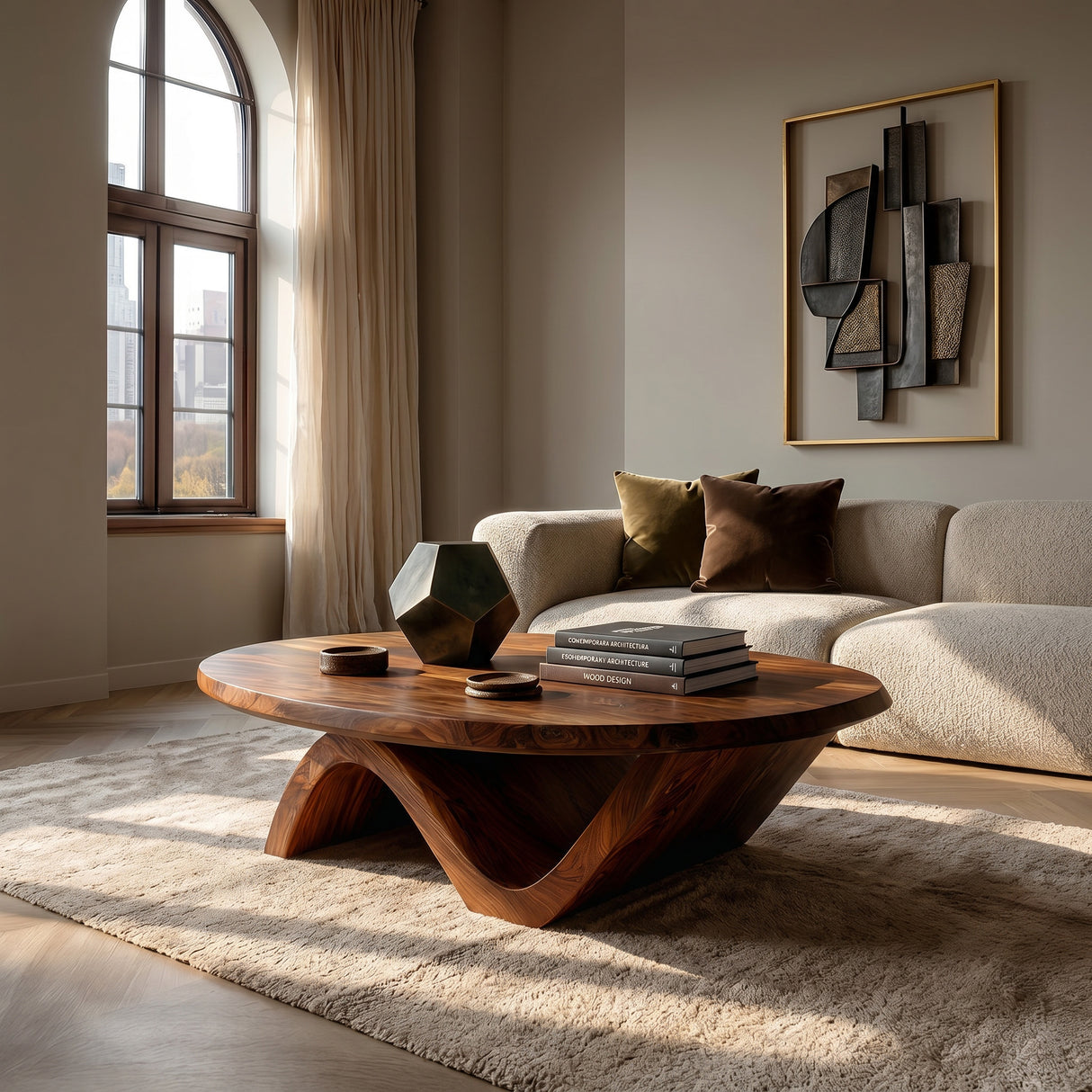 Sculptural Round Coffee Table With Curved Base For Home Decor