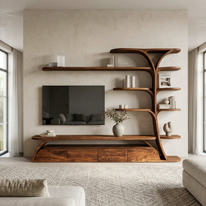 Organic Wooden TV Stand With Display Shelves For Living Room
