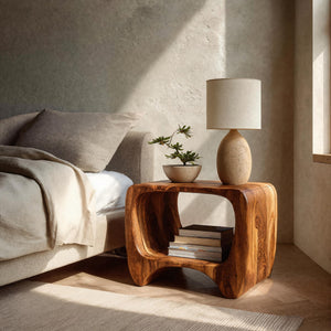 Modern Organic Wood Nightstand With Shelf For Bedroom