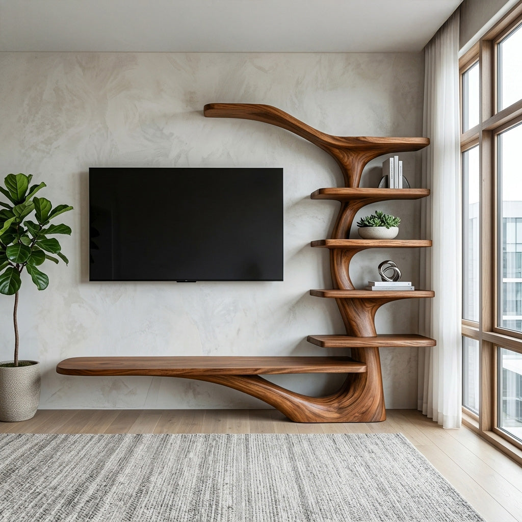 Modern TV Stand With Tree Inspired Shelf For Living Room