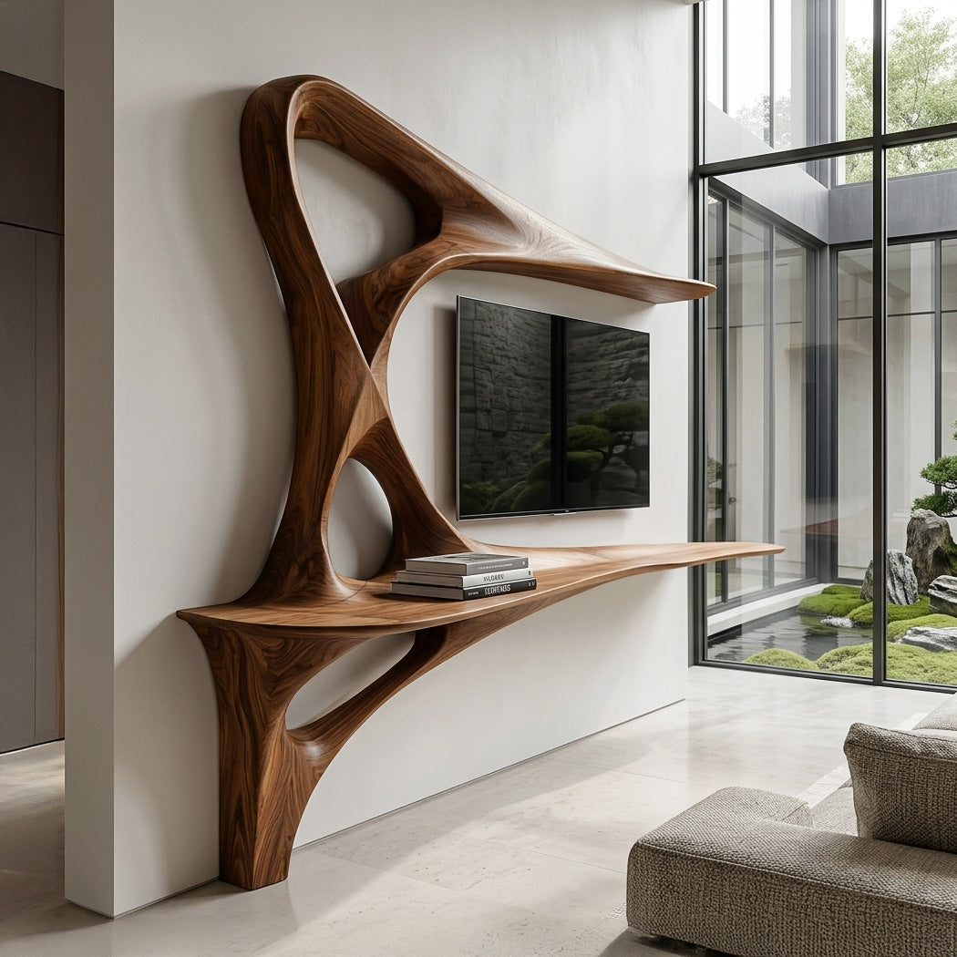 Rustic TV Console With Carved Frame For Living Room