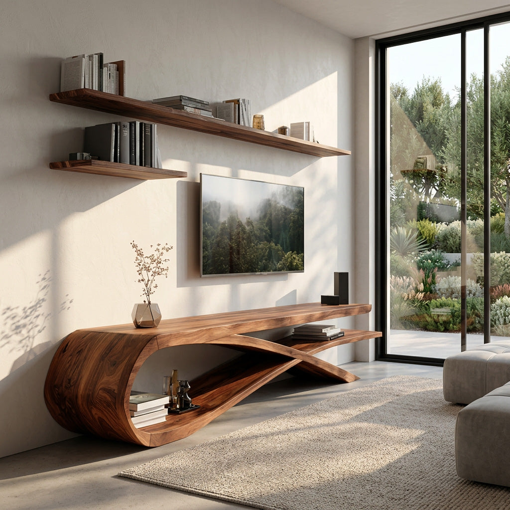 Handcrafted Sculptural Wooden TV Stand For Home Decor