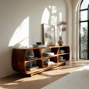 Contemporary Wooden Bookshelf With Six Display Compartments For Living Room