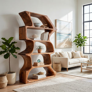 Organic Farmhouse Wooden Curved Bookshelf For Living Room