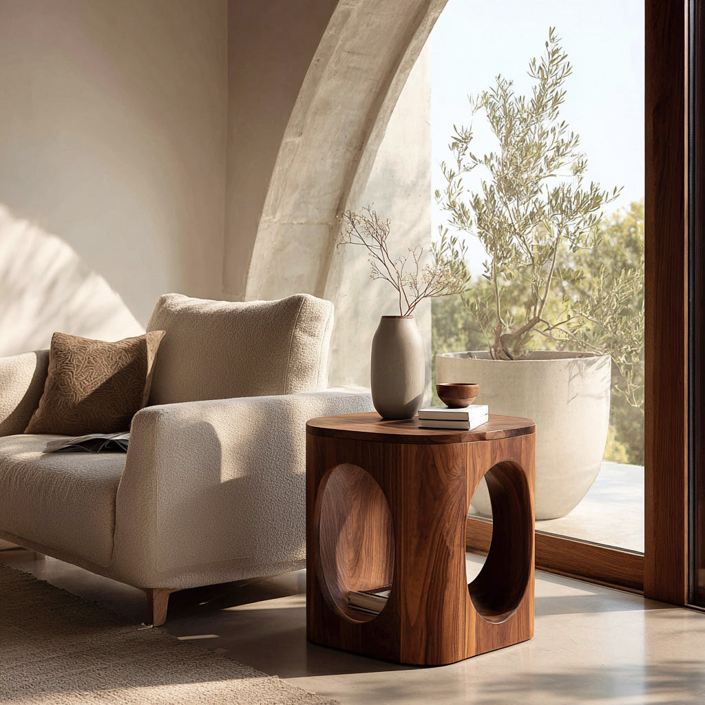 Geometric Carved Natural Wood Side Table For Living Room