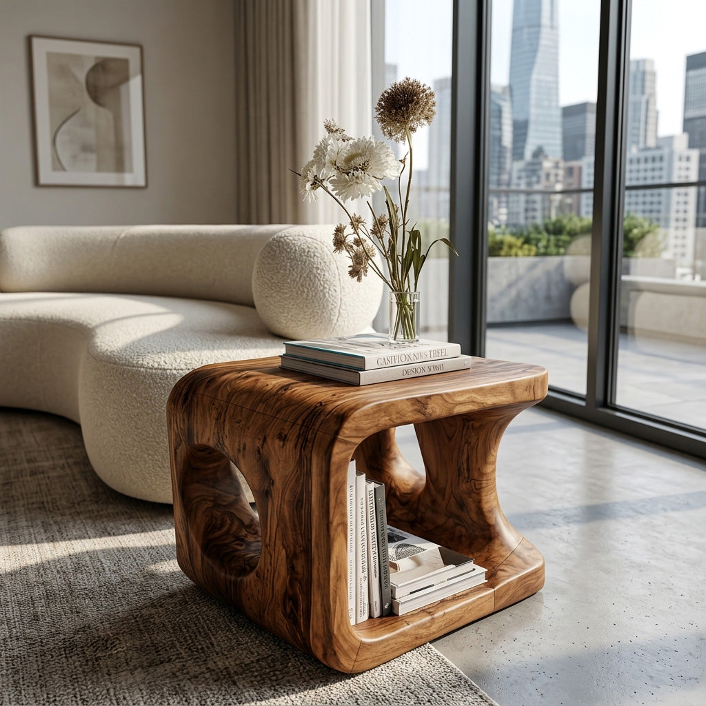 Organic Natural Wood Open Cube Side Table For Living Room