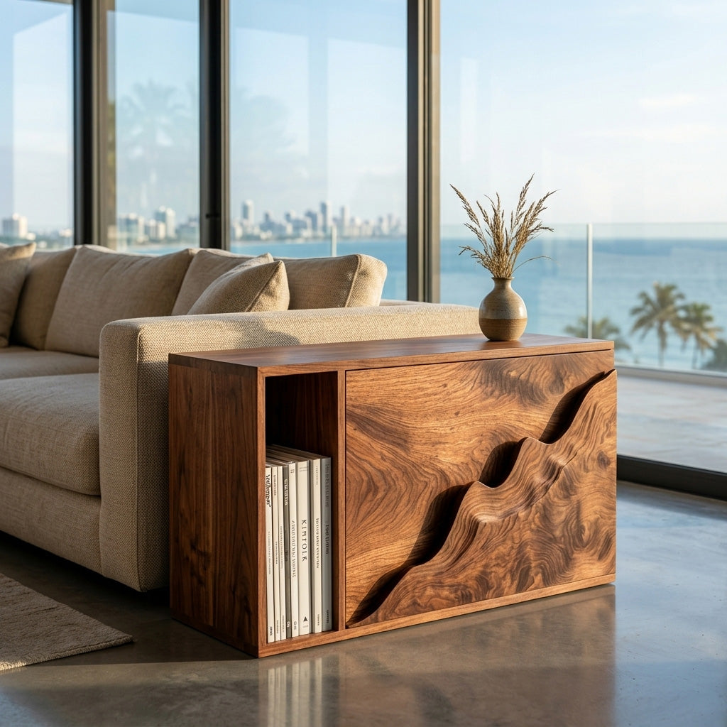Organic Natural Wood Carved Front Side Table For Living Room
