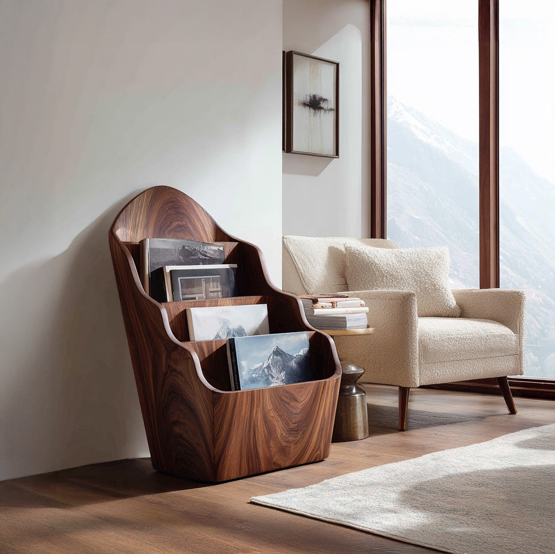 Organic Wooden Curved Tiered Magazine Rack For Living Room