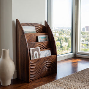 Contemporary Wooden Wave Carved Magazine Rack For Living Room