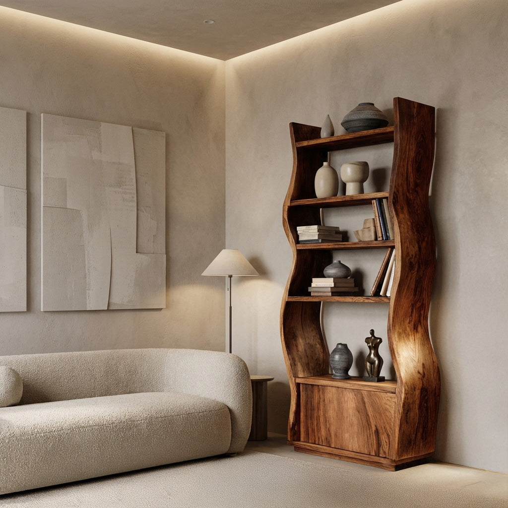 Contemporary Sculptural Wooden Standing Shelf For Home
