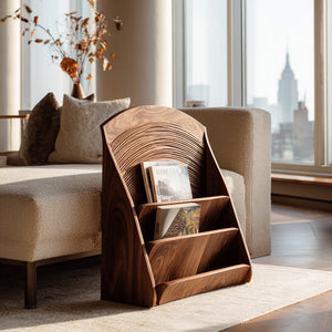 Organic Carved Wooden Magazine Rack For Home Storage