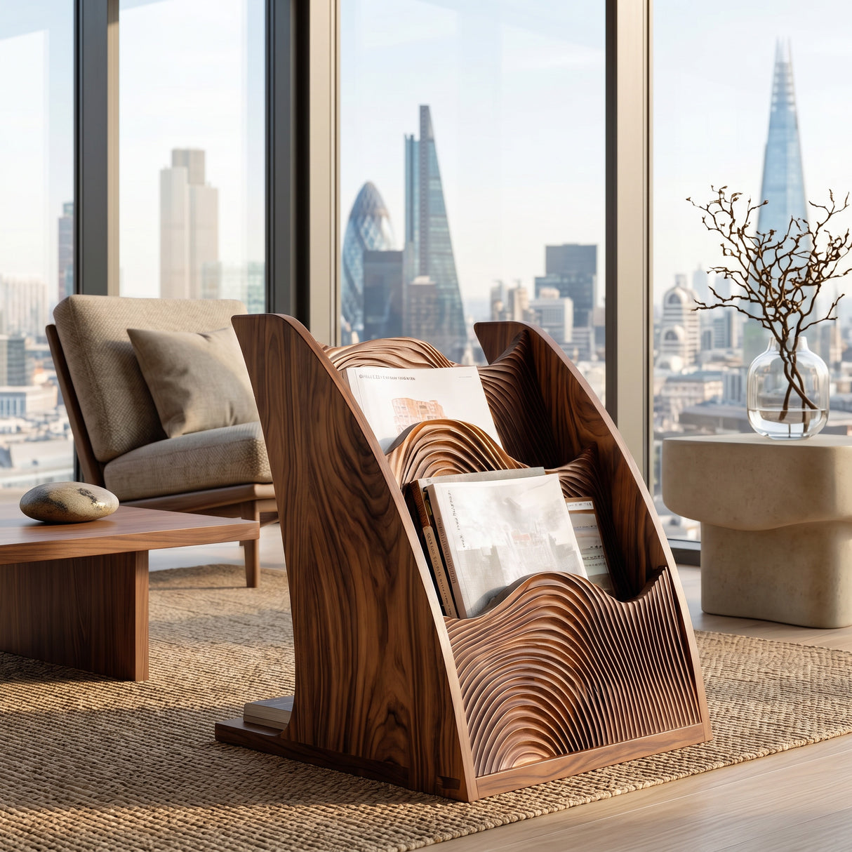 Organic Wooden Wave Panel Magazine Rack For Living Room