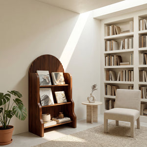 Organic Wooden Slatted Arch Magazine Rack For Living Room