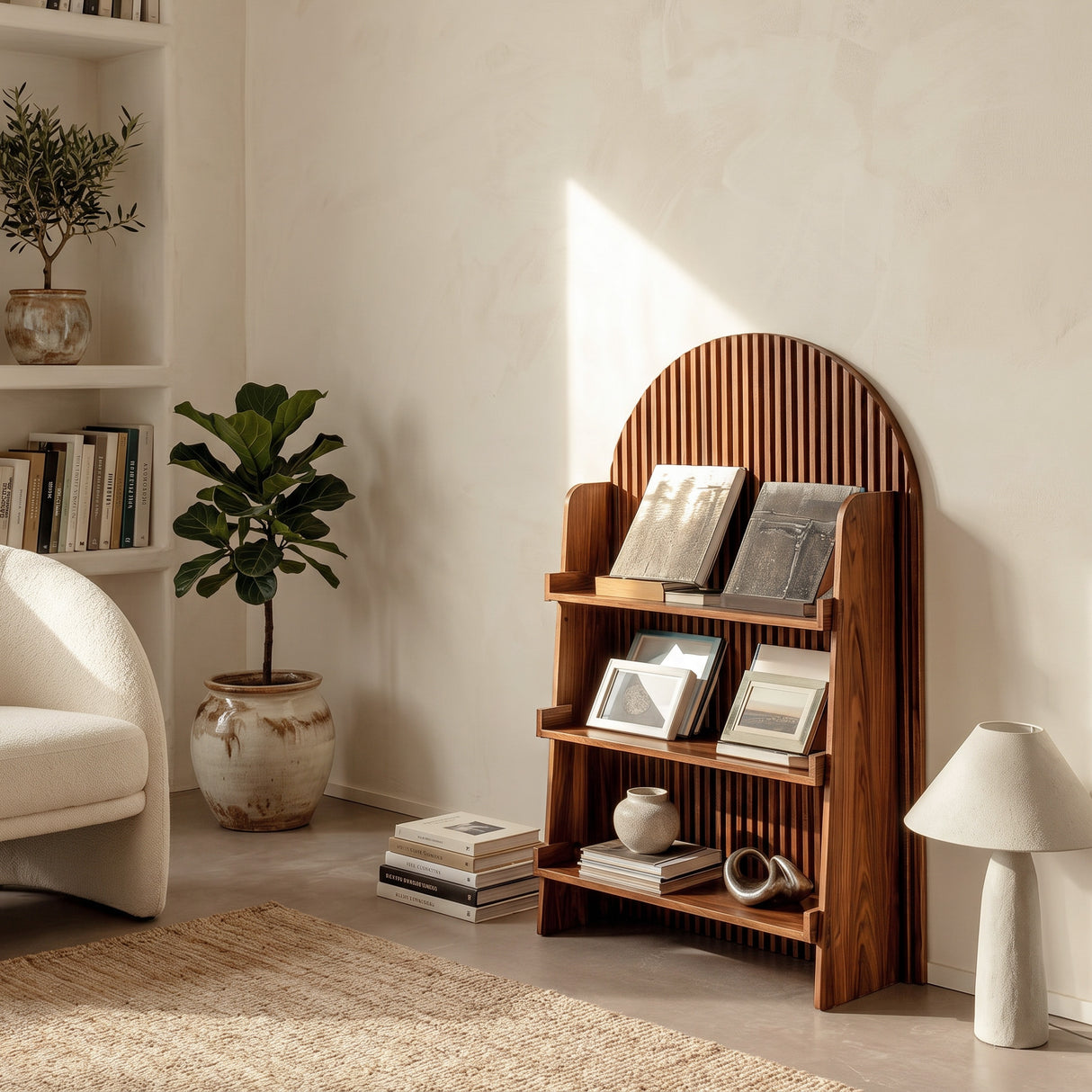 Handcrafted Wooden Carved Arch Magazine Rack For Reading Nook