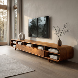 Mid Century Wooden TV Cabinet With Multiple Compartments For Living