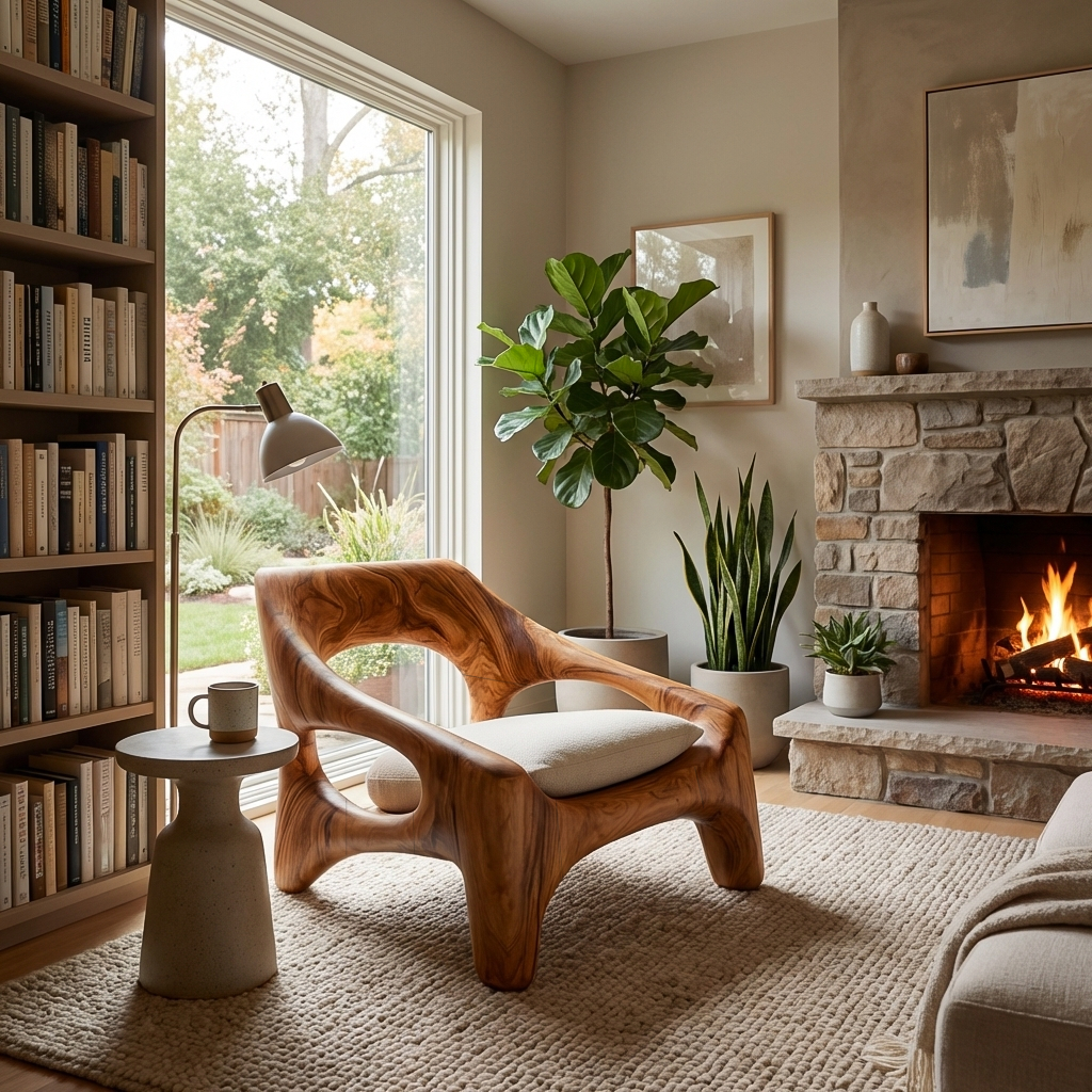 Contemporary Sculptural Wooden Chair For Outdoor Porch