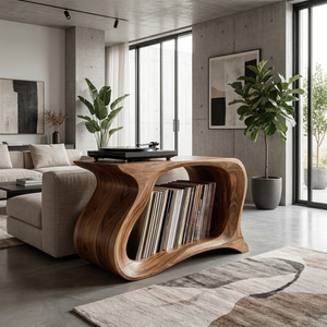 Wooden Record Player Stand With Sculptural Form For Living Room