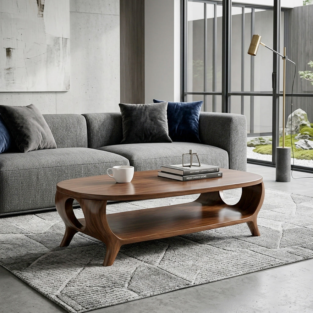 Organic Curved Coffee Table With Shelf For Living Room Decor