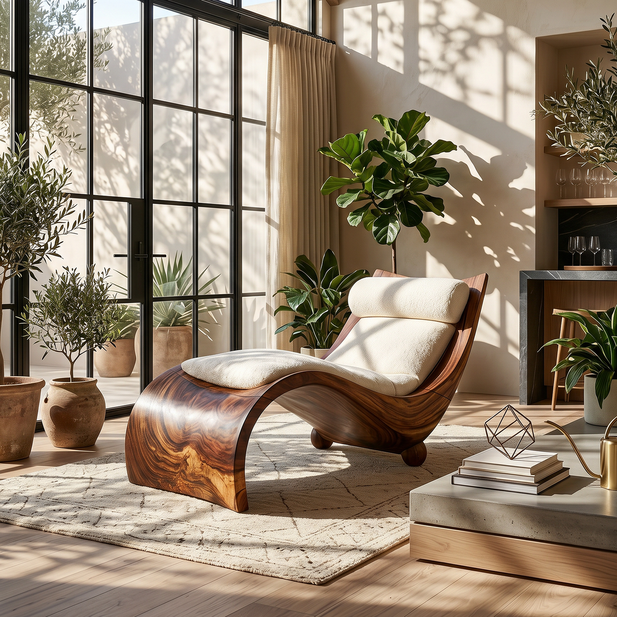 Curved Walnut Chaise Lounge Luxury Contemporary Living Room Decor