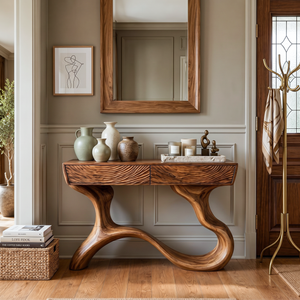 Handcrafted Wood Console Table With Organic Curved Base For Entryway